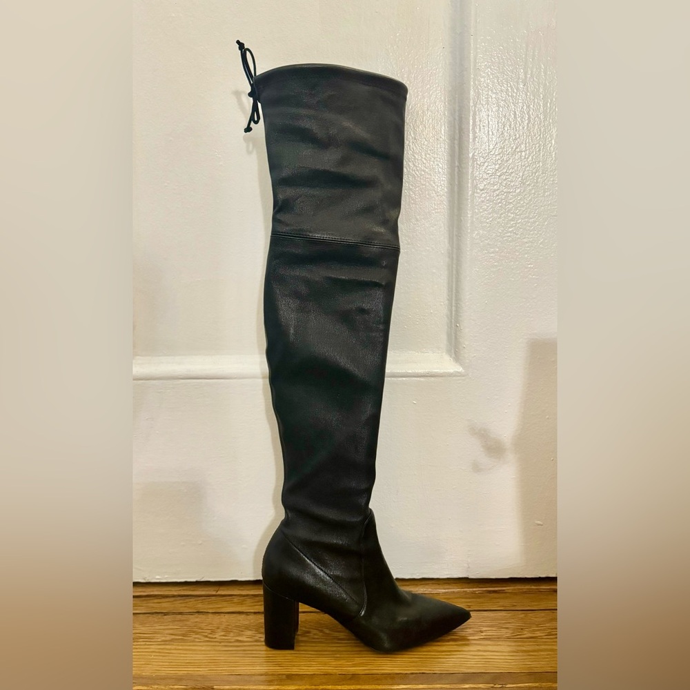 MINT STUART WEITZMAN THIGH HIGH BLACK STRETCH LEATHER HIGH HEEL BOOTS size 6